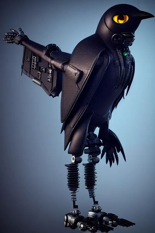 Image similar to high quality 3 d render very cute cyborg crow! incorporated speakers!, cyberpunk highly detailed, unreal engine cinematic smooth, in the style of blade runner & detective pikachu, hannah yata charlie immer, moody light, low angle, uhd 8 k, sharp focus