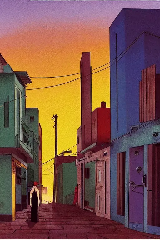 Image similar to eerie tel aviv street mystery at dusk, laundry hanging to dry, solar water heaters and antennas on the roofs, colorful film noir scene. by moebius, giorgio de chirico, edward hopper