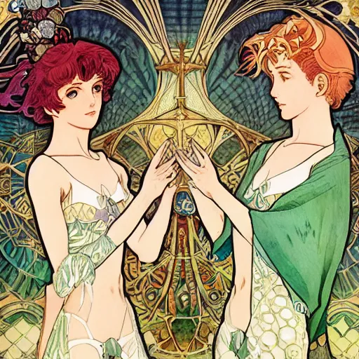 Image similar to the sailor neptune and the sailor uranus. beautiful, realistic painting by mucha and kuvshinov and bilibin. watercolor, thick lining, manga