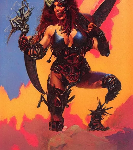 Image similar to portrait of strong female chaos angel, beautiful! coherent! by frank frazetta, by brom, strong line, vivid neon color, spiked metal armor, iron helmet maximalist