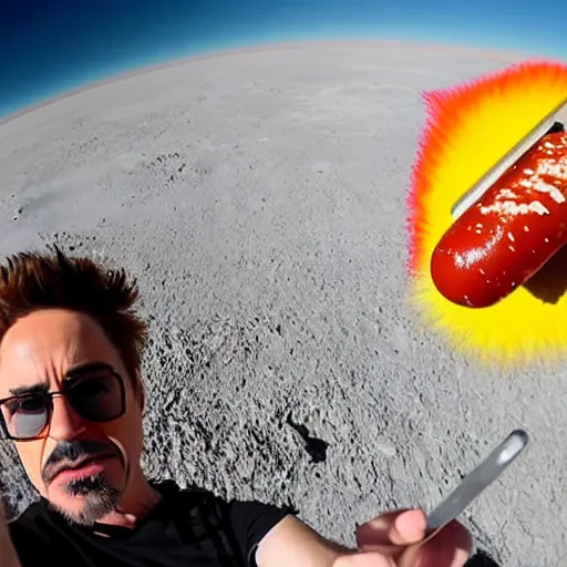 Image similar to robert downey jr eating a delicious hot dog on the surface of the moon, taken with a selfie stick, fisheye lens