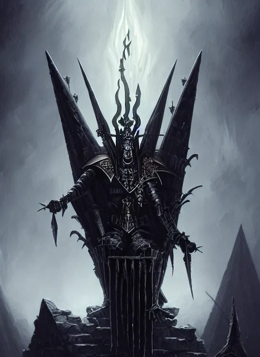 Image similar to portrait of nagash sitting atop his black pyramid, evil, grim dark, gloomy, mist, warhammer 4 0 k, onyx, intricate, elegant, evil candle light, highly detailed, digital painting, artstation, concept art, smooth, sharp focus, illustration, art by wlop, mars ravelo and greg rutkowski