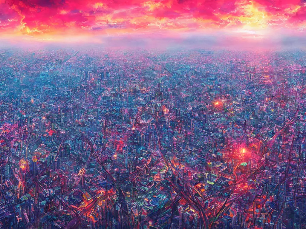 Image similar to birdseye view of a colorful sunrise over city surrounded by clouds, art by yoshitaka amano and alena aenami, cg society, cityscape