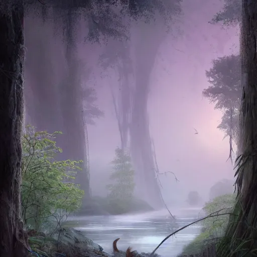 Image similar to cinematic shot river in the forest sci-fi style foggy rain sunset animals drinking from the river digital painting, artstation, concept art, soft light, hdri, smooth, sharp focus, illustration, fantasy, intricate, elegant, highly detailed, D&D, matte painting, in the style of Greg Rutkowski and Alphonse Mucha and artemisia, 8k, highly detailed, jurgens, rutkowski, bouguereau, pastoral, rustic, georgic