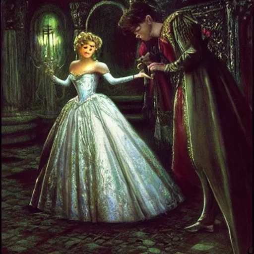 Image similar to realistic portrait charming beautiful painting from Cinderella film scene, when Cinderella become Bloody Mary dance with prince . Horror, created by Gustave Dore.