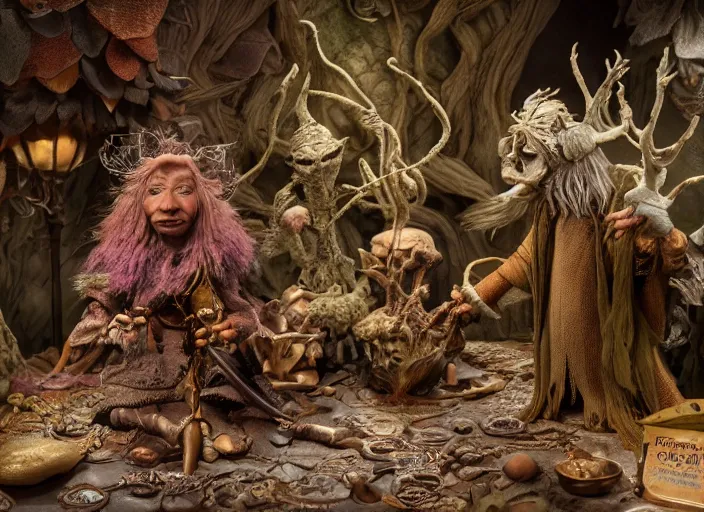 Prompt: studio photography of a fantasy claymation diorama of the dark crystal, zeiss lens, detailed, by erwin olaf, joop geesink, wes anderson, jim henson, brian froud, breathtaking, 8 k resolution, extremely detailed, beautiful, establishing shot, realistic materials, weta digital fx manuka, unreal engine, hyperrealistic