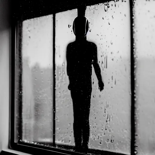 Image similar to 50mm shot of a shadowy alien, Inside of a rainy window looking out on to a dark scary village with industrial lights