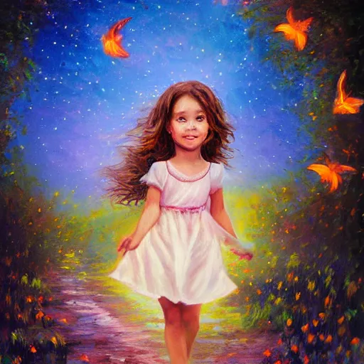 Prompt: A little girl with wavy brown hair with a happy expression wearing a summer dress dancing with fireflies, she is in the distance. beautiful fantasy oil painting, trending on artstation.