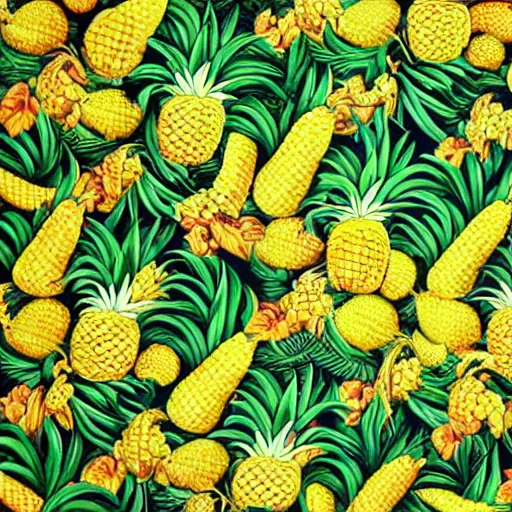 Image similar to pineapples and bananas in the jungle by kehinde wiley