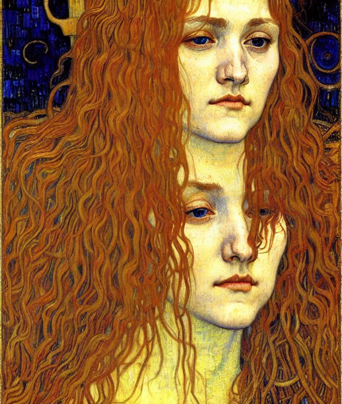 Image similar to detailed realistic beautiful young medieval queen face portrait by jean delville, gustav klimt and vincent van gogh, art nouveau, symbolist, visionary, gothic, pre - raphaelite, muted earthy colors, desaturated