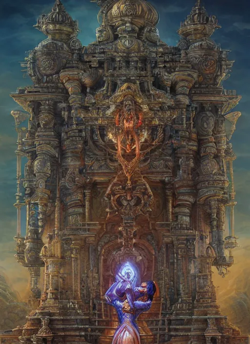 Image similar to cybertronic hindu temple, intricate, elegant, highly detailed, centered, digital painting, artstation, concept art, smooth, sharp focus, illustration, artgerm, tomasz alen kopera, peter mohrbacher, donato giancola, joseph christian leyendecker, wlop, boris vallejo.