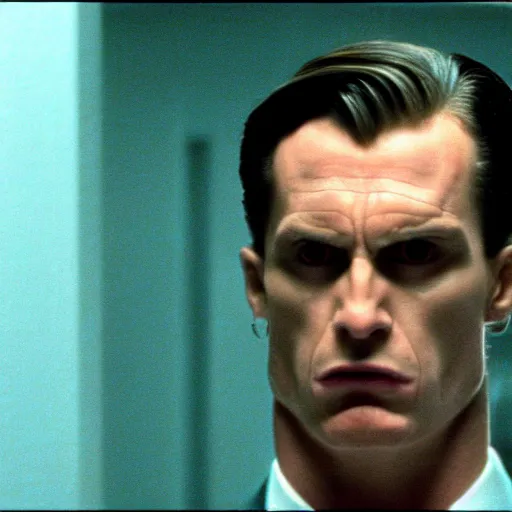 Prompt: a still of a Draconian in the American Psycho (2000), doing the Bateman stare, cinematic still, 4K Bluray