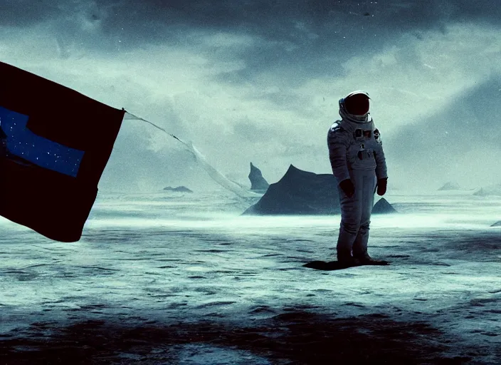 Image similar to astronaut holding a flag in an underwater desert. a submarine is visible in the distance. dark, concept art, cinematic, dramatic, atmospheric, 8 k, trending on artstation, blue, fish, low visibility, fog, ocean floor, christopher nolan, interstellar