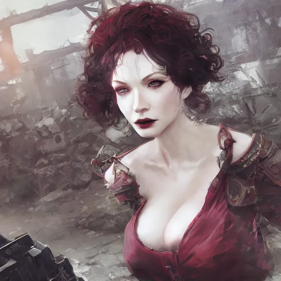 Image similar to christina hendricks!!! goth, tankoban, 4 k, tone mapping, akihiko yoshida, james jean andrei riabovitchev marc simonetti, yoshitaka amano, long hair, curly, h. hydrochaeri