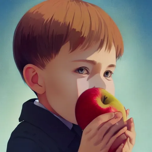 Prompt: portrait of little boy wearing nazi uniform eating an apple by ilya kuvshinov and anna dittmann and studio ghibli and wlop and rossdraws, digital art, trending on artstation, anime arts, featured on pixiv, blue lighting, hd, 8 k, highly detailed, good lighting, beautiful, epic, masterpiece