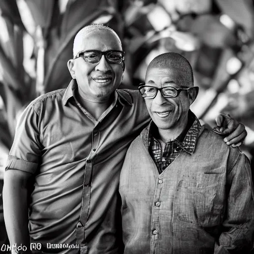 Prompt: b & w shot of pollo hermano w / gus fring ( eos 5 ds r, iso 1 0 0, f / 8, 1 / 1 2 5, 8 4 mm, postprocessed, crisp face, facial features )