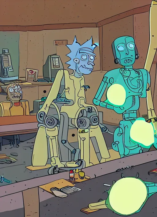 Image similar to an artificial intelligence in a robot exploding why studying how human hands look, rick and morty art style illustration, justin roiland, dan harmon, location is a science fiction planet