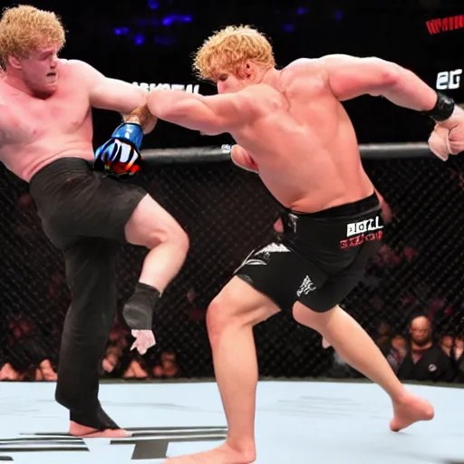 Prompt: brock lesnar versus logan paul in a ufc match brock lesnar knocks logan paul out