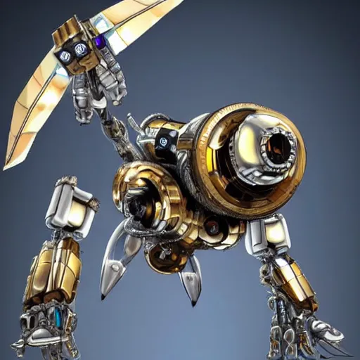 Image similar to mech wasp. mechanical robot. iron, gold, diamond. hyper detail. hyperrealistic