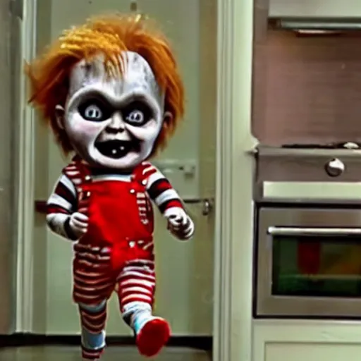 Image similar to screaming chucky doll running away and hiding from gordon ramsay