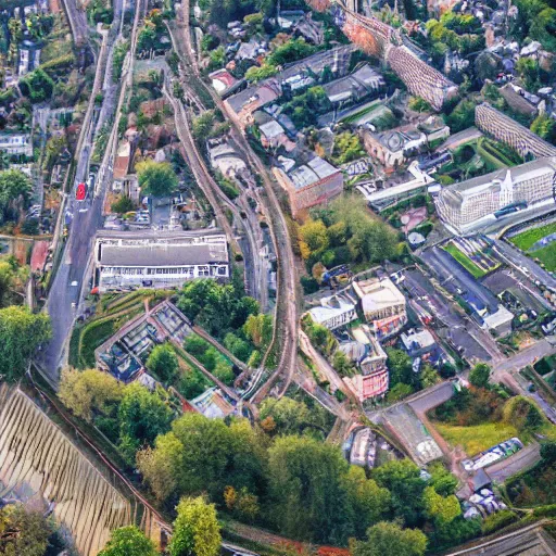 Image similar to bird's eye view photography of a small city. town hall, central farm, dock. hills, woods, and lake to the north.