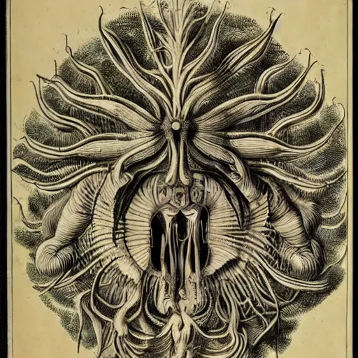 Image similar to bizarre bestiary of repressed unconscious emotional monsters and creatures, illustrated by Ernst Haeckel and Robert Fludd