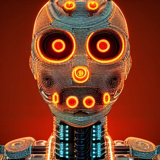 Prompt: a glossy claymodel of a futuristic robot head, top of the head is made of gears and multicolored glowing tubes, glowing digital eyes, 8 k, front shot, symetrical, flourescent colors, halluzinogenic, multicolored, insanely detailed, 3 d render, octane