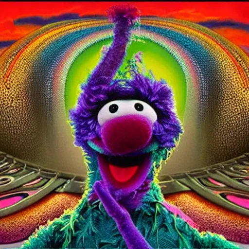 Image similar to animal the muppet on tool album cover, 8 k resolution hyperdetailed scary dystopian surrealism style of alex grey