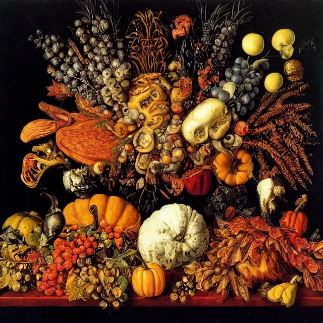 Image similar to thanksgiving supper, black background, still life by giuseppe arcimboldo, vanitas, intricate high detail masterpiece