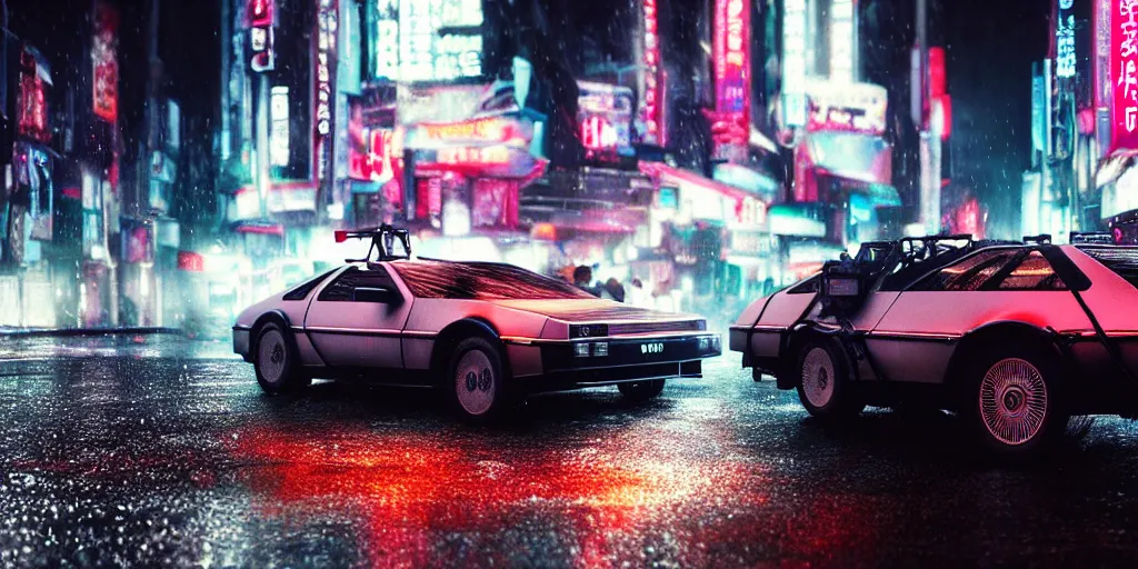 Image similar to close up macro shot of a delorean car on wet tokyo street at night, intricate, hyper detailed, smooth, high contrast, neon, volumetric lighting, octane, moebius, greg rutkowski, blade runner, ridley scott, cinematic