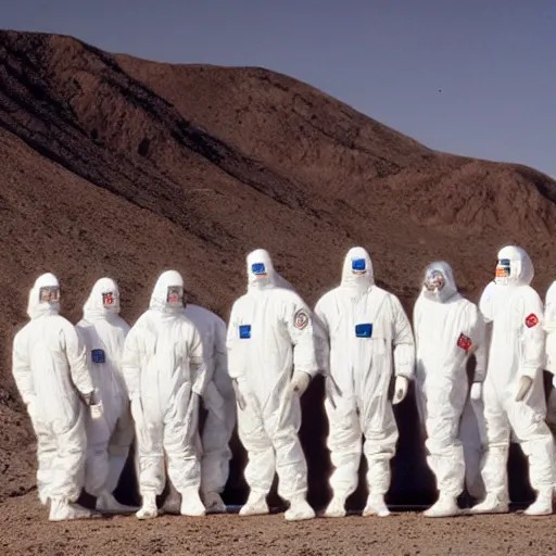 Image similar to a group of men wearing hazmat suits, standing in front of saleen s7, in desert, arriflex 35, film still, cinematic composition