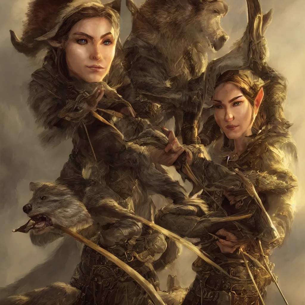 Prompt: Photorealistic cinematic close-up portrait of one single powerful angry female D&D elf ranger holding a longbow, with a pet wolf, by Larry Elmore. Magical occult photorealism, UHD, amazing depth, glowing, golden ratio, 3D octane cycle unreal engine 5, volumetric lighting, cinematic lighting, cgstation artstation concept art