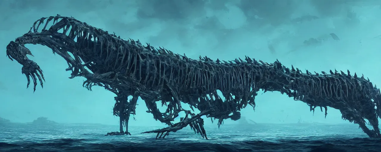 Image similar to a gigantic skeletal remain of a unknown sea creature half submerged in ocean 8 k uhd, unreal engine, octane render in the artstyle of finnian macmanus, john park and greg rutkowski