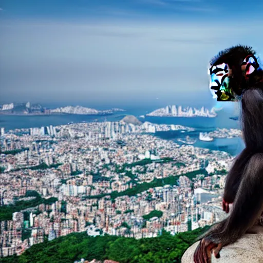 Image similar to high quality portrait of a monkey in front of Christ The Redeemer, studio photograph, photograph, realistic photo, 8k photo, 4k photo, stock photo, high resolution, cinematic shot, high detail