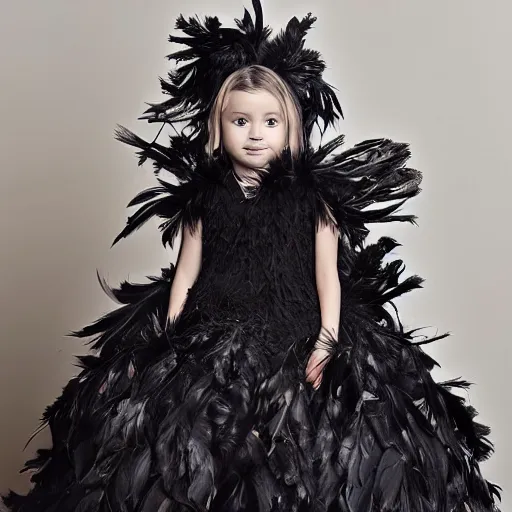 Image similar to little girl wearing an dress made of black feathers, artwork made by ilya kushinov