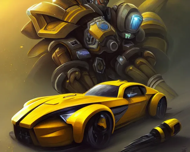 Image similar to sports car bumble bee transformers, deep focus, d & d, fantasy, intricate, elegant, highly detailed, digital painting, artstation, concept art, matte, sharp focus, illustration, hearthstone,