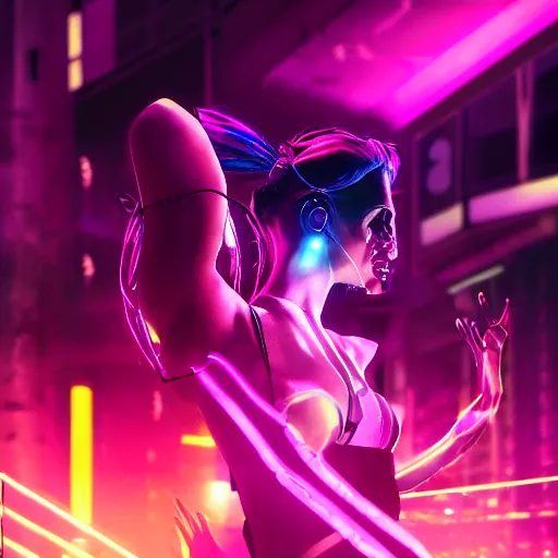 Image similar to closeup of a Cyberpunk woman dancing in a crowd in a neon nightclub, dim, moody, atmospheric, unfocused, digital art, Octane