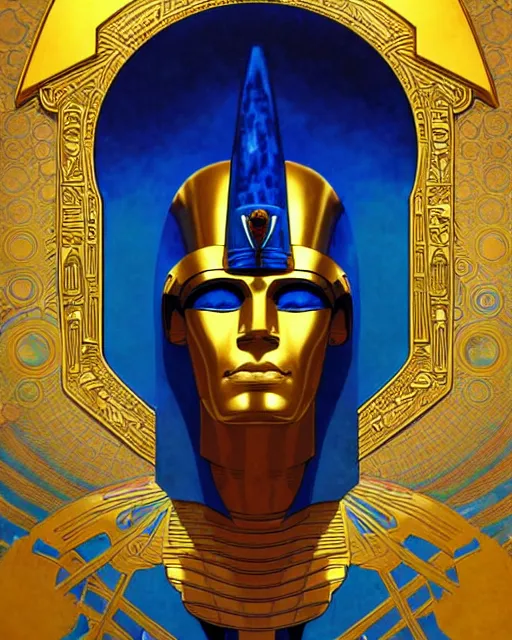 Image similar to a pharaoh made of blue crystal with a golden mask and helmet hovers ominously in the air inside a high - tech tomb, comic cover painting, masterpiece artstation. 8 k, sharp high quality artwork in style of wayne reynolds, alphonse mucha, arthur adams, greg rutkowski, and don bluth, concept art by jack kirby