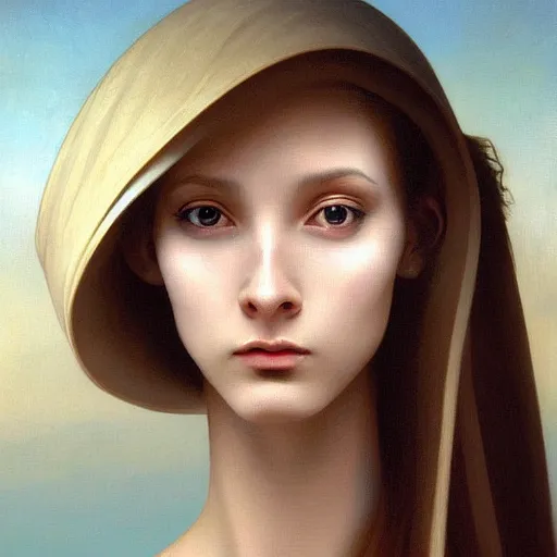 Image similar to A young beautiful female extraterrestrial-cyborg face with a very long neck, big clear eyes, thin nose, big lips, hair floating in the wind:: alien is from the future, Realistic, Refined, Detailed Digital Art, Oil Painting, William-Adolphe Bouguereau, Pre-Raphaelite,Renaissance, Highly Detailed, Cinematic Lighting, Unreal Engine, 8K