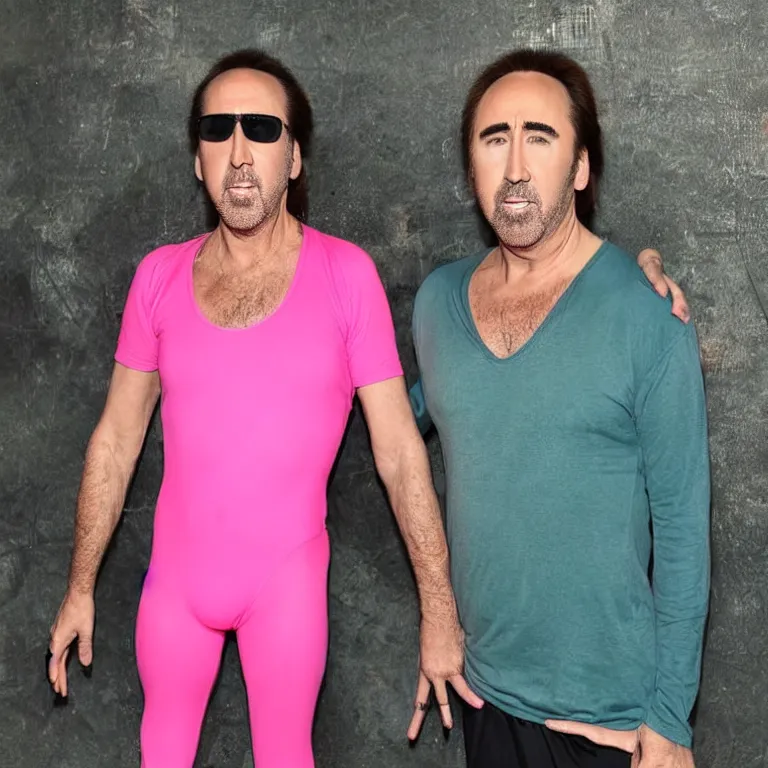 Image similar to Nicolas Cage doing yoga in a neon leotard