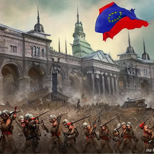 Prompt: army of the european union invades budapest 2 0 2 2, highly detailed painting, digital painting, artstation, concept art