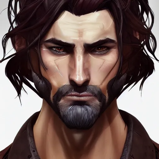 Prompt: male portrait, kaladin stormblessed, messy brown hair shoulder length, scar on forehead, serious expression, detailed portrait, intricate complexity, in the style of Artgerm and Borderlands, cel-shaded::award-winning, trending on artstation, detailed, 8k