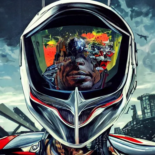 Image similar to a portrait of spawn in a racing helment by sandra chevrier, detailed render, epic composition, cybernetics, 4 k realistic, cryengine, realistic shaded lighting, sharp focus, masterpiece, by matteo scalera, gary montalbano, peter elson in the style of the tokyo ghost comic