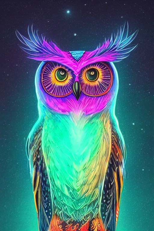 Image similar to glowing owl, beautiful colours, highly detailed, digital art, sharp focus, trending on art station