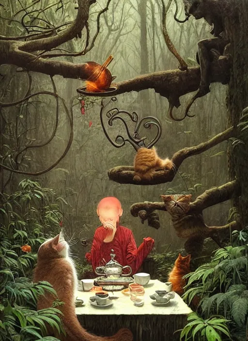 Image similar to cat having tea at a shrine in the woods gorgeous lighting, lush forest foliage a hyper realistic painting by chiara bautista and beksinski and norman rockwell and greg rutkowski weta studio, and lucasfilm