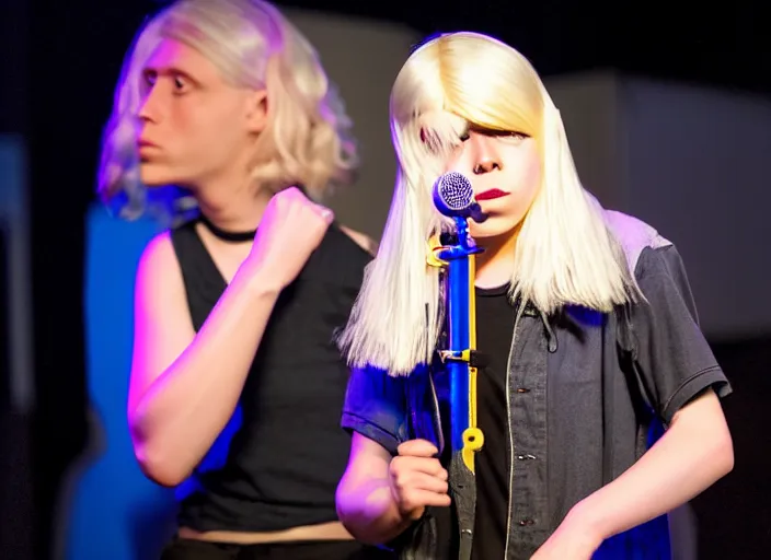 Prompt: waifish androgynous person with mid length blond hair on stage in front of an audience alien instruments zeiss lens masterpiece stage lighting photograph by torbjorn rodland high contrast rule of thirds 8 k