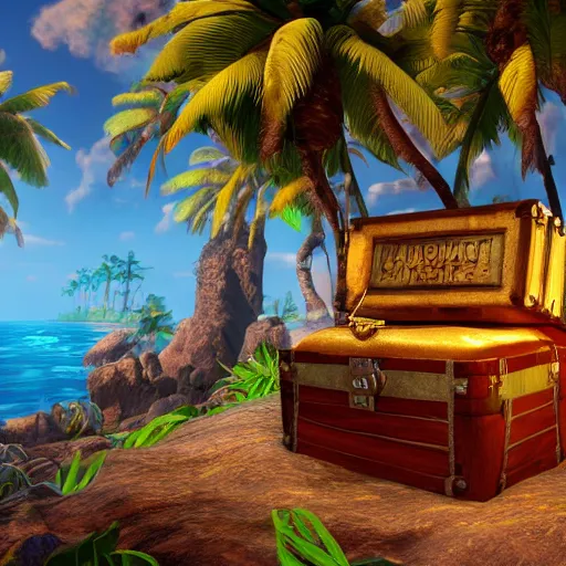 Image similar to a tropical island inside of a treasure chest with ornate details, glow, unreal engine, ultradetailed, trending on artstation, devianart, cgsociety, amazing details