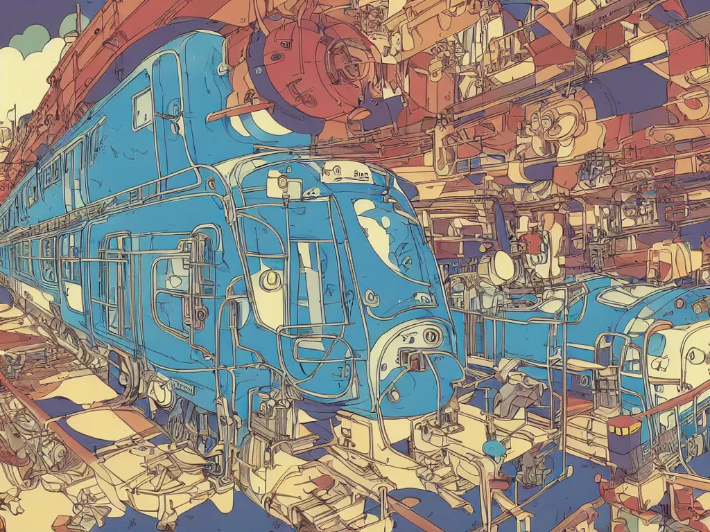 Image similar to colorful blueprint sideview of a anime train, illustration, concept art, autumn light, colorful, beautiful, studio ghibli, hayao miyazaki, takashi murakami, manga, cute and adorable