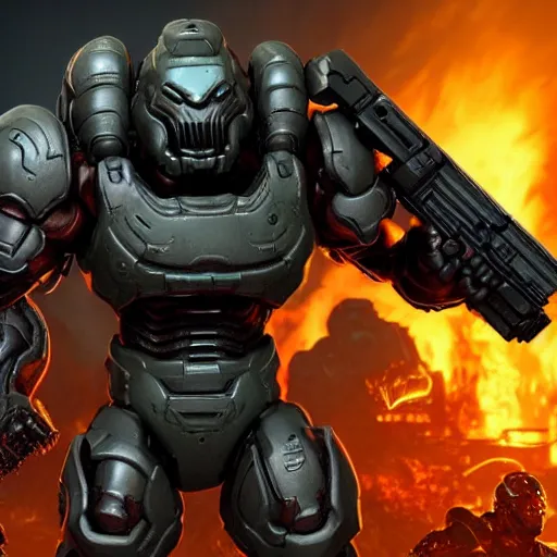 Image similar to doom guy in fornite, intricate, smooth detailed, marine armor, fornite theme