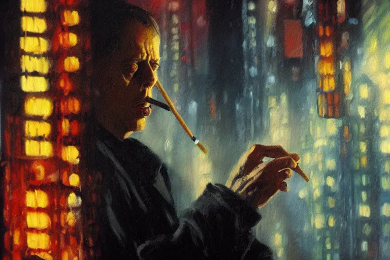 Image similar to expressive detailed impressionistic oil painting of film still of steve buscemi smoking a cigarette in blade runner, 4 k